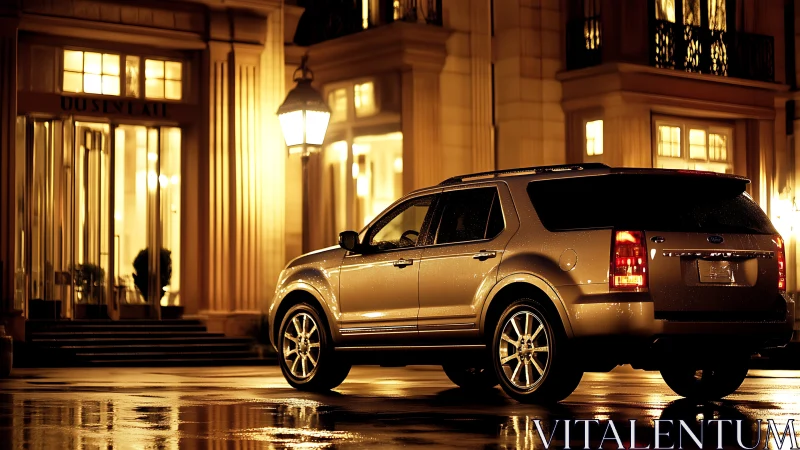Golden city evening with a confident SUV at the curb.