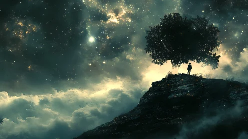 Stargazer beneath the sky-tree on a storm of clouds.