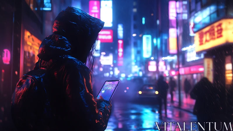 Neon rain wraps a lone coder tracing pathways through night