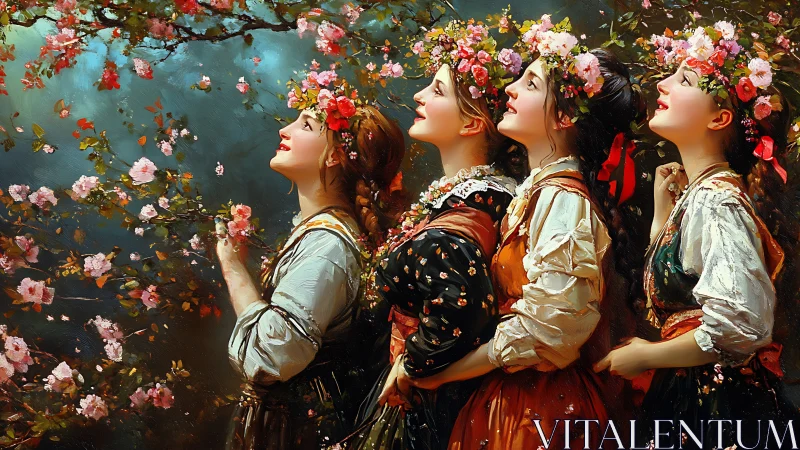 Four women in traditional dresses with floral crowns, oil painting style.