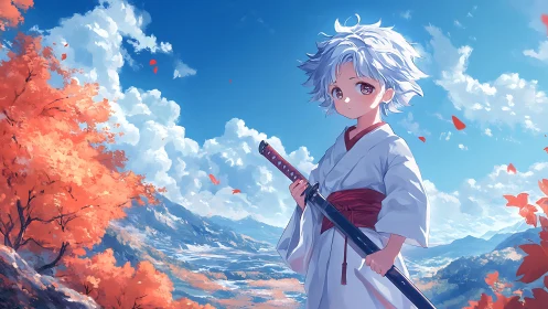 Gentle sword bearer in a breezy autumn mountain daydream.