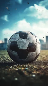 Weathered soccer ball rests on sunlit grass field edge
