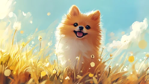 Smiling fluffy dog stands in bright stylized golden field