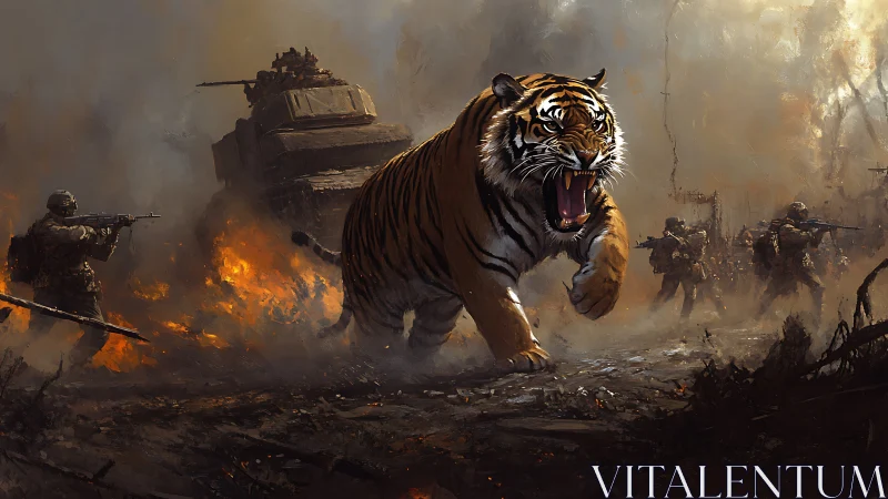 Roaring tiger charging through burning battlefield chaos.