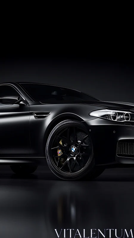 Sleek black sports sedan glowing gently in the dark studio.