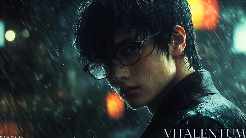 Rain-soaked stranger turns in neon light with quiet resolve