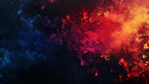 Deep abstract nebula in blue, red, and orange tones.