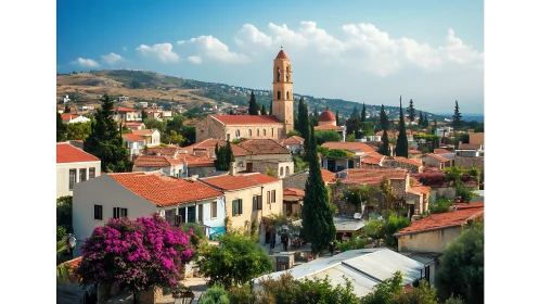 Sunlit hillside village with terracotta roofs and tall bell tower.