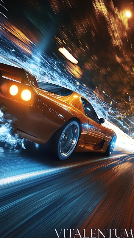 Orange sports car racing through neon lit city street.