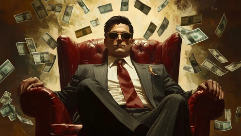 Cool confidence in a velvet throne of flying money dreams.