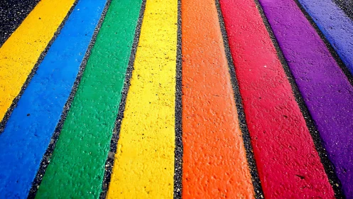 Parallel multicolor painted street bands in diagonal view.