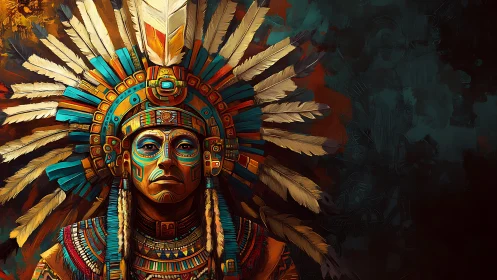 Indigenous figure in feathered headdress with patterned armor.
