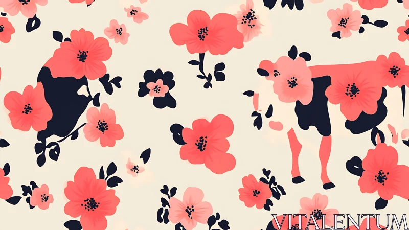 Floral cow silhouettes blend with bold coral blossoms.