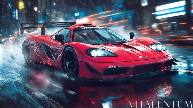 Red rain-slick supercar hunts neon streaks through night streets.