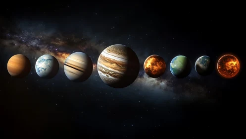 Row of stylized planets aligns against glowing galactic core