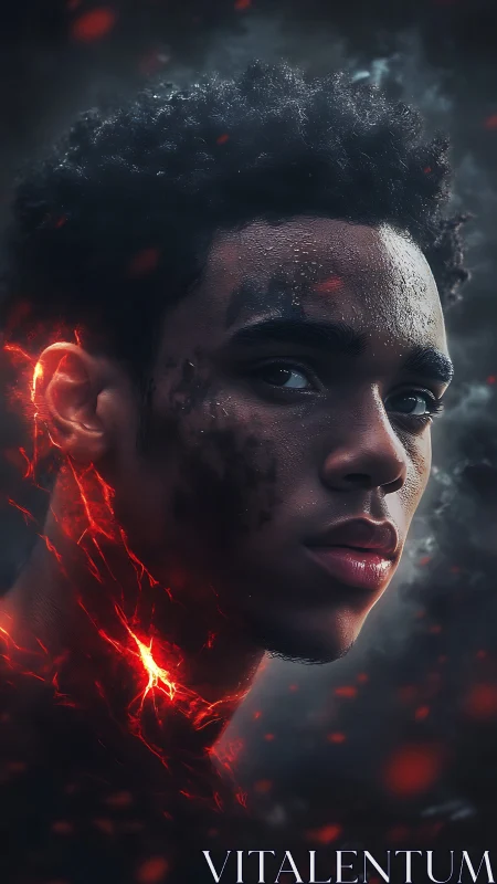 Luminous ember warrior gazes ahead through ash and smoke