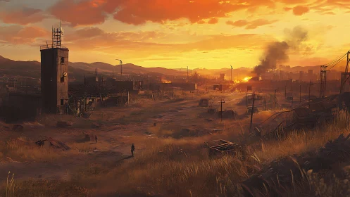 Golden sunset softens a lonely wanderer in a ruined city