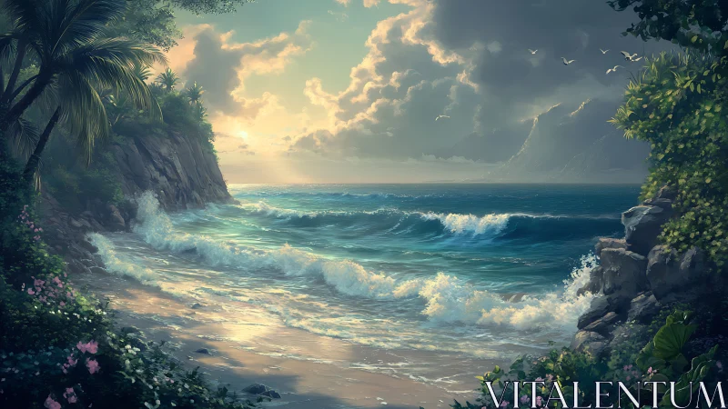 Digital painting of tropical cove with luminous coastal surf.