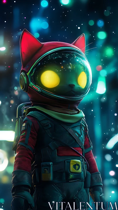 Stargazing space cat adventurer in a neon city nightscape.