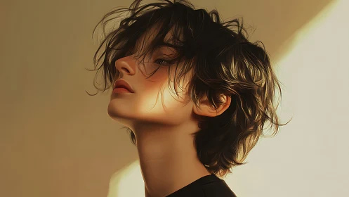 Cinematic side-lit portrait with tousled hair and smooth bokeh glow.