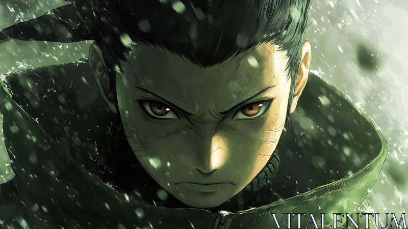 Intense anime warrior portrait in storm of green light.