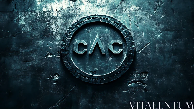 Metallic emblem with CAC text on textured teal wall.