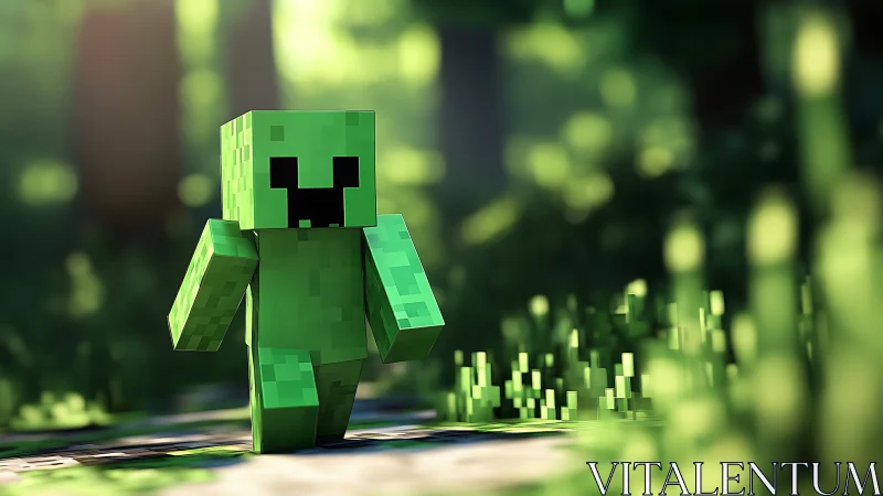 Blocky green game creature walks through a sunlit voxel forest