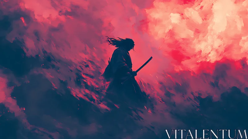 Stormlit ronin drifts through a crimson tempest sky.