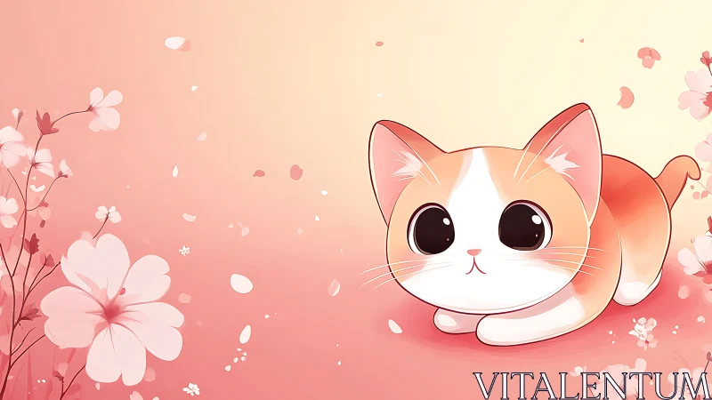 Cute Orange and White Anime Cat with Flowers.