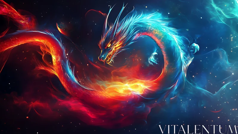 Digital painting of cosmic fire and ice dragon in nebular arc.
