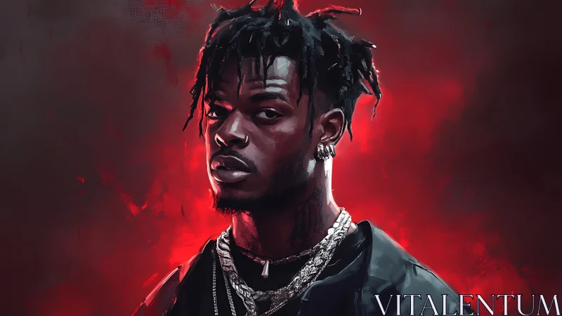 Chromatic portrait of chained figure in red atmospheric glow.