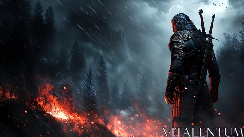 Armored swordsman over burning forest under stormy moonlit sky.