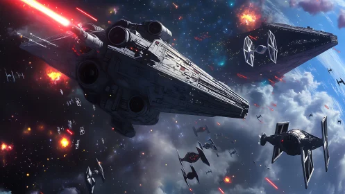 Imperial warships and fighters engage in dense space battle