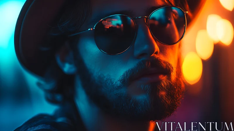 Bearded man in sunglasses under blue and orange neon light.