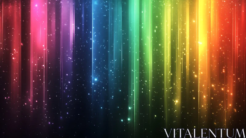 Vibrant vertical light spectrum with falling star particles.
