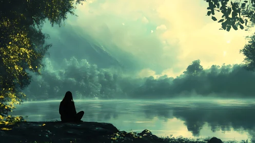 Luminous misted lakeshore with solitary silhouetted observer.