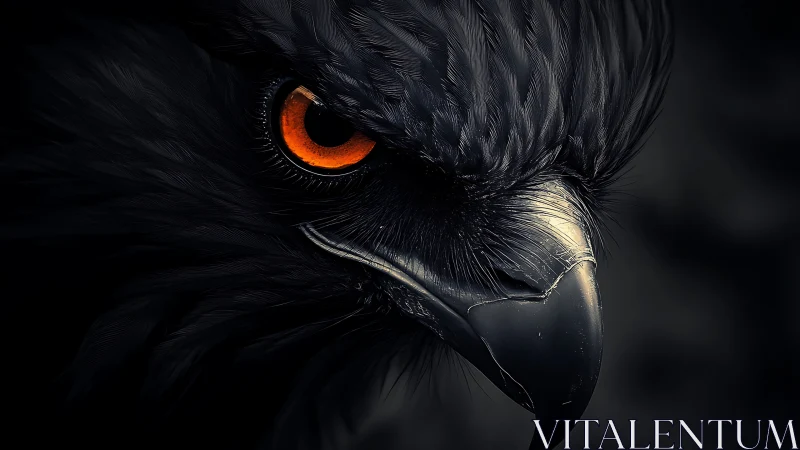 Intense close-up of black eagle’s face in dramatic lighting.