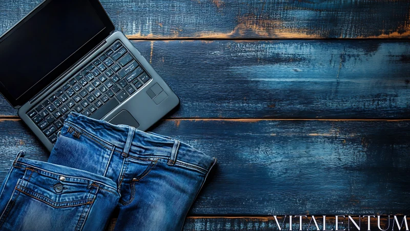 Laptop and Denim Flatlay on Weathered Blue Wooden Surface.