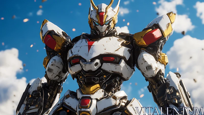 Skyborne mech paladin squares its gleaming shoulders to dawn