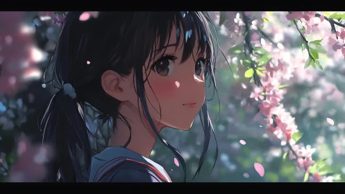 Soft-spoken schoolgirl beneath a drifting sakura daydream.