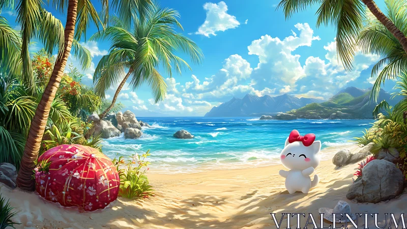 Tropical Beach Paradise With Anthropomorphic Character and Pink Umbrella