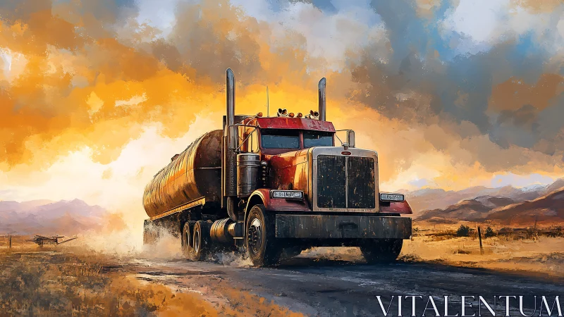 Tanker semi truck on desert highway at sunset, dynamic sky