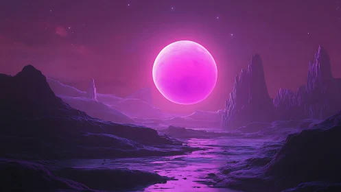 Neon moon rises over alien canyon in glowing violet haze