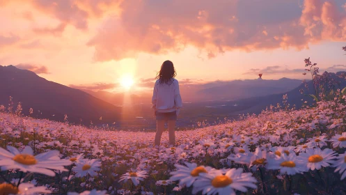 Sunlit meadow vista with solitary girl at pastel sunset.