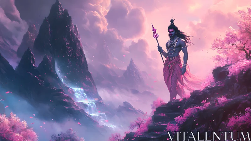 Divine warrior overlooks neon-lit mountains in sacred dawn