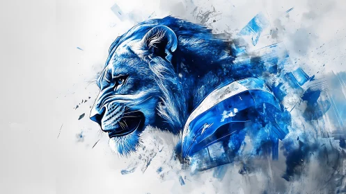 Blue lion profile rendered in dynamic digital brush strokes