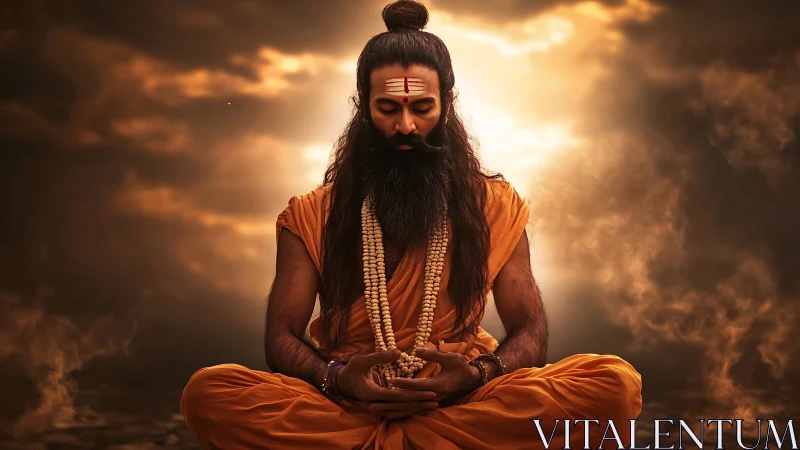 Mystic yogi meditates within radiant celestial cloudlight.