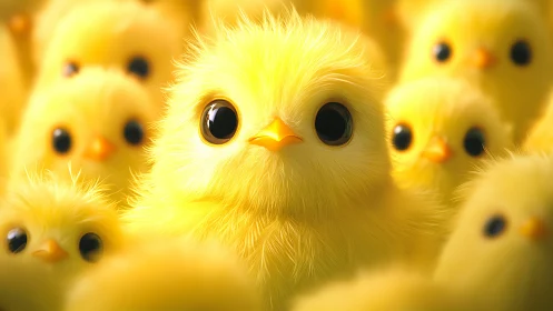 Bright-eyed fluffy chick stands out in a cuddle of friends