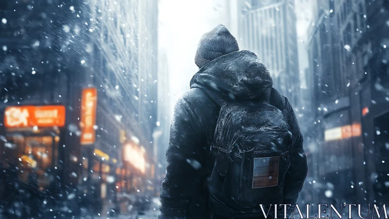 Backpacked figure studies blizzard dynamics in neon city street