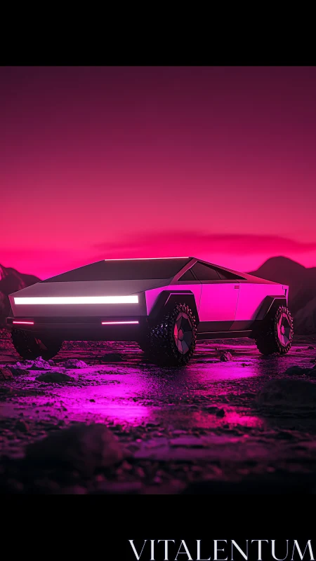 Futuristic off road truck glowing in neon pink twilight.